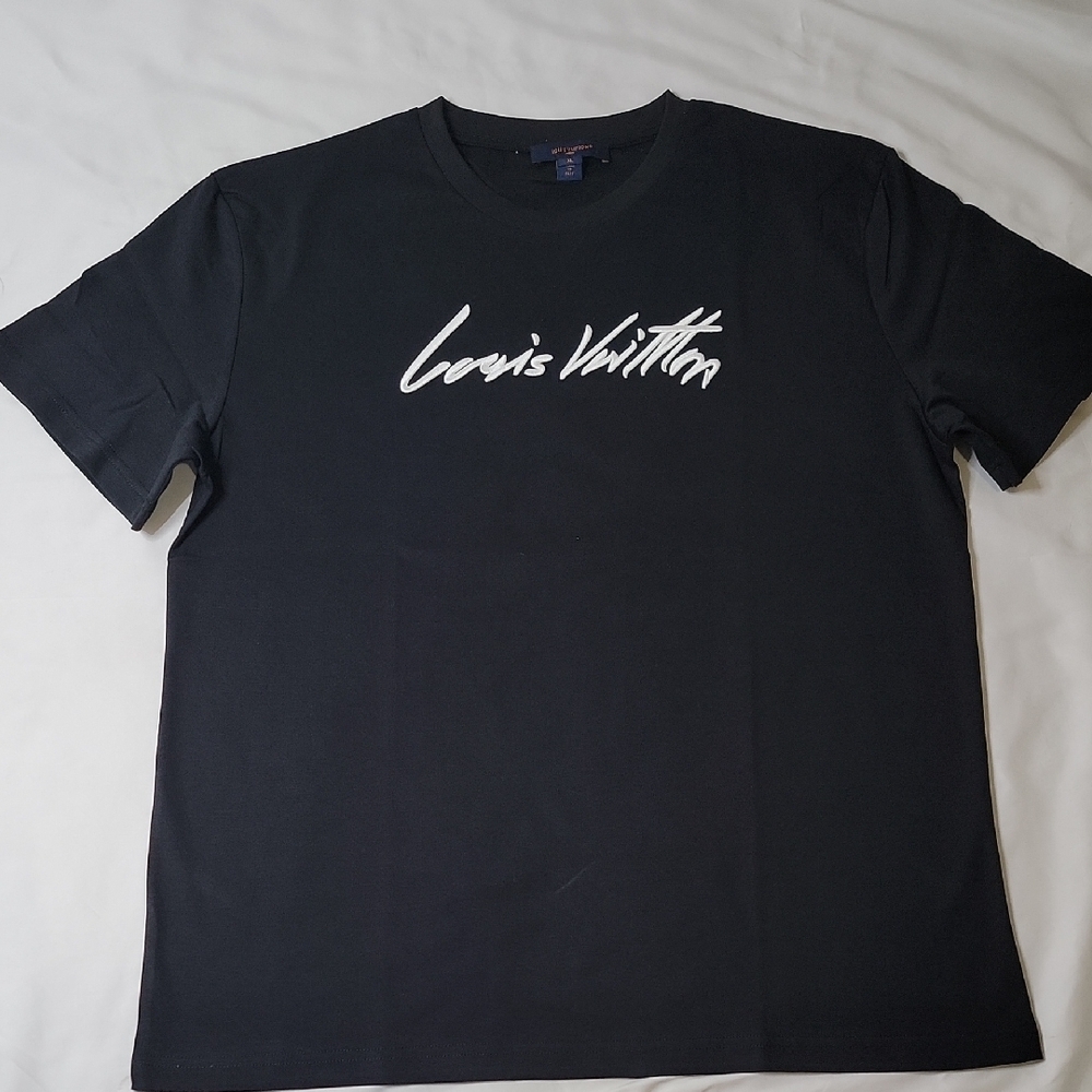 Louis Vuitton Black T-Shirt with White Script Logo